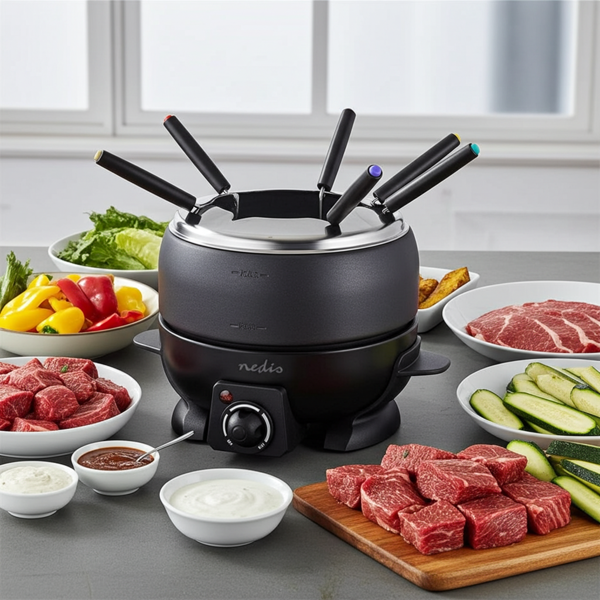 Fondue set for 6 people – Electric, 2.3 l, 800 W, perfect for cheese, meat & chocolate fondue, incl. fondue forks, non-stick, stylish design