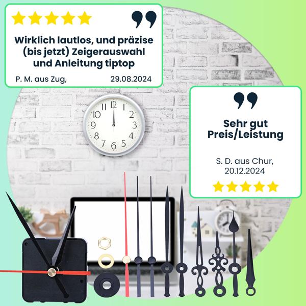 4er Set Geräuschloses Uhrwerk Komplettset mit 3 verschiedenen Zeigersätzen, leise schleichende Zeiger ohne Ticken, stabiles Gehäuse, Batteriebetrieb