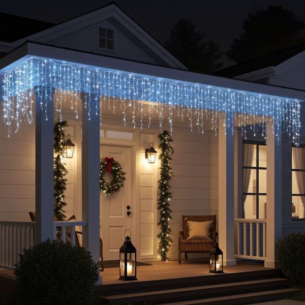 Eisregen Lichterkette - 360 LEDs, 9 m Länge, 7 Lichteffekte - IP44 spritzwassergeschützt, Timer, kaltweiss - Weihnachtliche Dekoration für Innen & Aussen