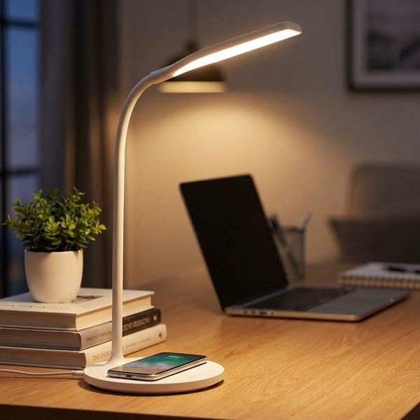 LED desk lamp – wireless charger, dimming function – 36 LEDs, warm / cool / natural white – Qi-compatible, tiltable, non-slip, white – 10 W – 2700–6500 K