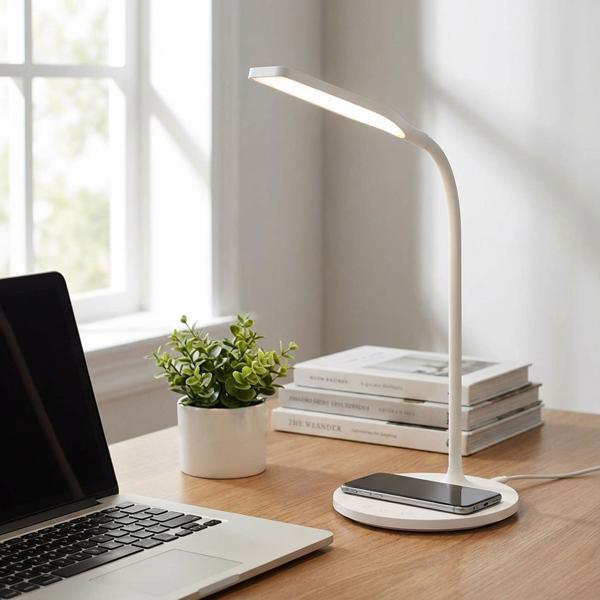 LED desk lamp – wireless charger, dimming function – 36 LEDs, warm / cool / natural white – Qi-compatible, tiltable, non-slip, white – 10 W – 2700–6500 K