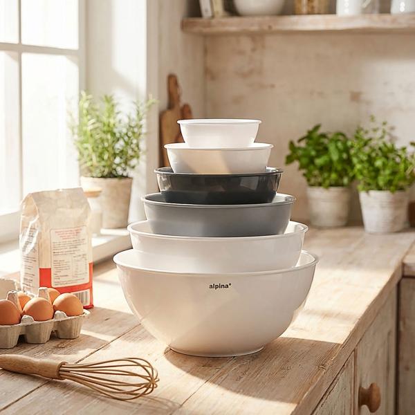 6er-Set Rührschüsseln stapelbar - Kunststoff-Schüsseln 0.25-5.25 L - Mikrowellen- & Spülmaschinengeeignet für Backen & Kochen