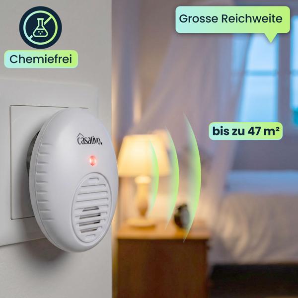 Hocheffektiver Ultraschall-Insektenvertreiber für die Steckdose, weiss, Raumgrösse bis 47 m², Mücken- und Moskitoabwehr für Haus und Wohnung