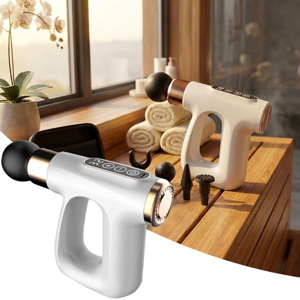 Massage gun for body and muscles, 4 attachments, LCD display, and more.