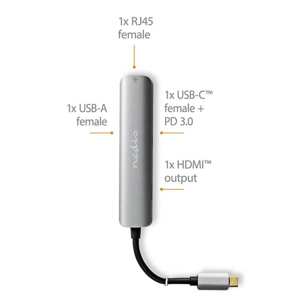 USB multiport adapter USB-C male to HDMI, RJ45, USB-A and USB-A and USB-C +PD3