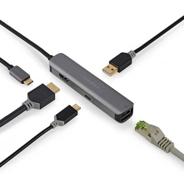 USB multiport adapter USB-C male to HDMI, RJ45, USB-A and USB-A and USB-C +PD3