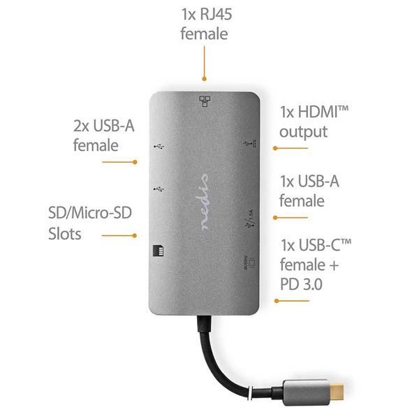 Ultimate USB-C hub with 4K HDMI, Gigabit LAN, 3x USB-A, 100W Power Delivery, card reader - Notebook, Macbook - Maximum connectivity