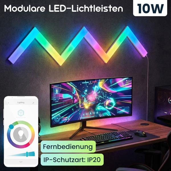 Modulare LED-Lichtleisten, 6 Stück, 44 Szenen, WiFi, App-Steuerung: 10W, erweiterbar, Musiksynchronisation, für kreative Lichtstimmungen