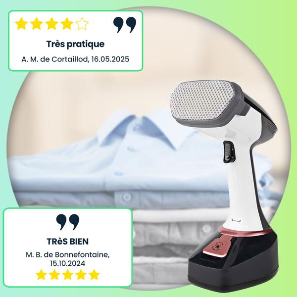 Défroisseur vapeur portable - Élimination rapide des plis, désinfection, repassage vertical & horizontal - 1400W, 25g/min, réservoir 320ml, brosse 2-en-1