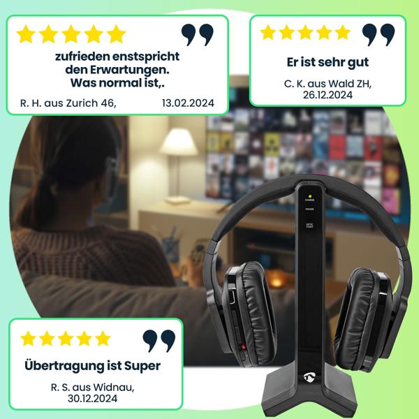 Kabelloser Funk Stereo Fernsehkopfhörer, 25 m Reichweite, TV-Headphones mit Ladestation, Verstellbarer Kopfbügel, gepolsterte Ohrmuscheln