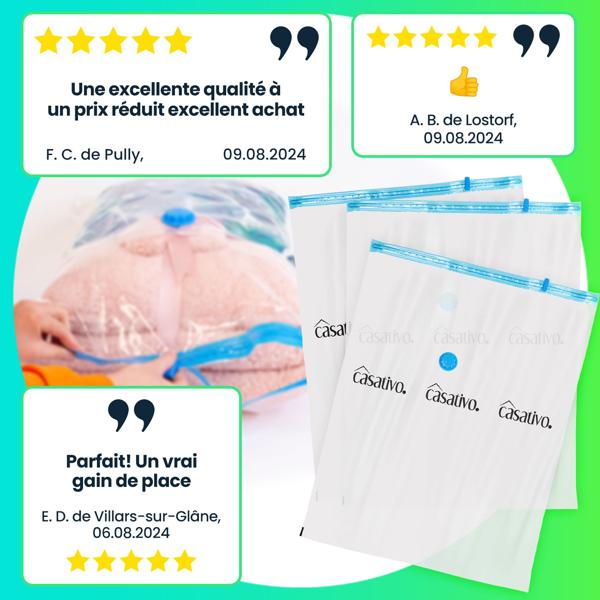 6 sacs de rangement sous vide, 60 x 80 cm, compression par aspiration, pour vêtements, draps, duvets…