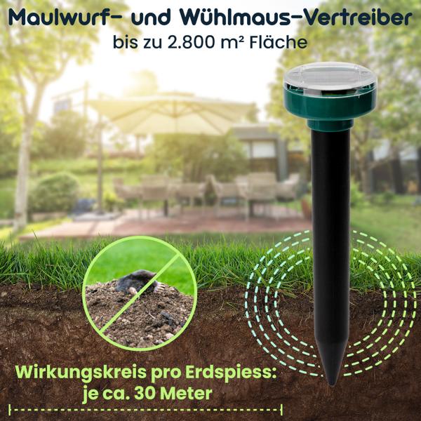 Hocheffizienter Maulwurf- und Wühlmaus-Vertreiber, 8er Spar Pack, Erdspiesse, solarbetrieben, bis 5.600 m², IP44, umweltschonend, ohne Chemie