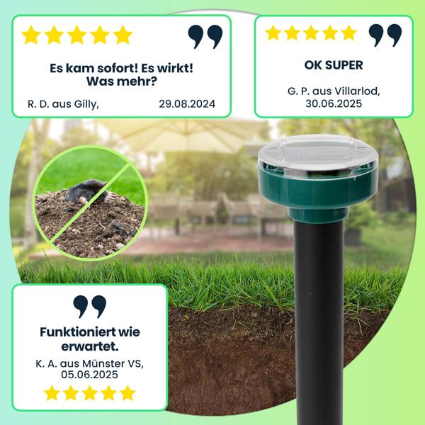 Hocheffizienter Maulwurf- und Wühlmaus-Vertreiber, 16er Mega Spar Pack, Erdspiesse, solarbetrieben, bis 11200 m², IP44, umweltschonend, ohne Chemie