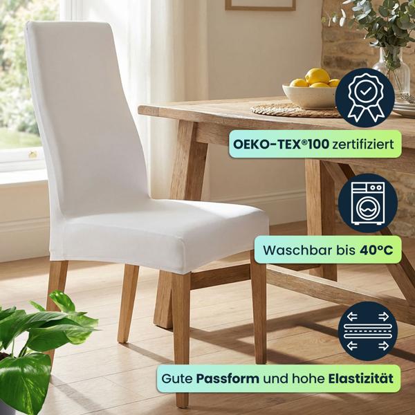 4 housses de chaise élégantes, blanches, tissu extensible OEKO-TEX Standard 100, lavables à 40 °C, résistantes à l’usure – couverture de l’assise et du dossier