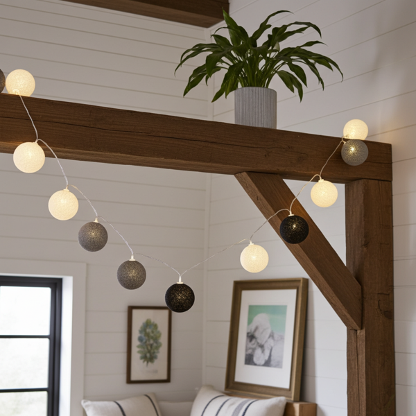 Guirlande lumineuse décorative avec 10 boules en coton (blanc-gris-noir) – éclairage d’ambiance d’intérieur