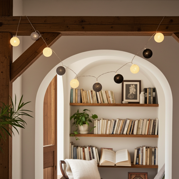 Guirlande lumineuse décorative avec 10 boules en coton (blanc-gris-noir) – éclairage d’ambiance d’intérieur