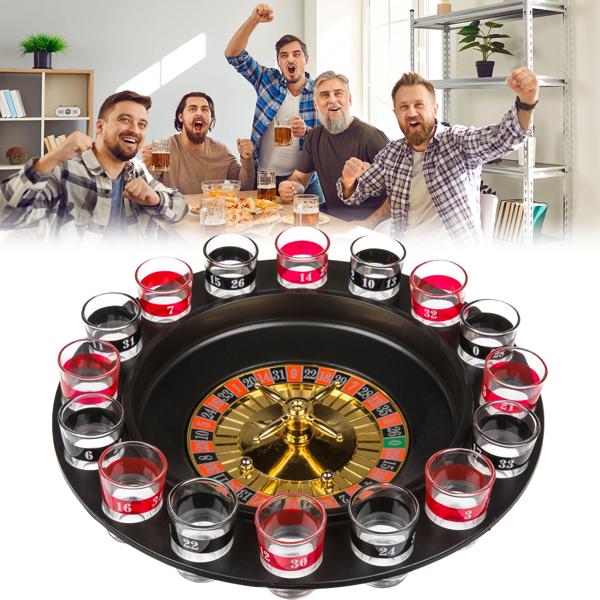 Gioco alcolico roulette con 16 bicchierini – Gioco da party per 2–8 giocatori – Atmosfera casinò – Ø 30 cm – Plastica robusta – Incl. 2 palline