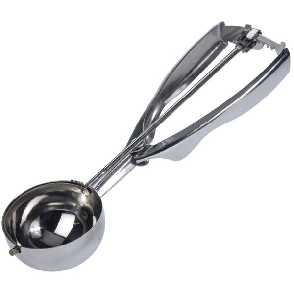 Ice portioner, ice spoon, with release mechanism, stainless steel