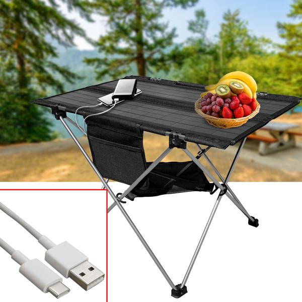 Foldable solar camping table (20W): USB-A & USB-C ports, 60.8x40.5 cm, black - Mobile power supply for outdoor adventures