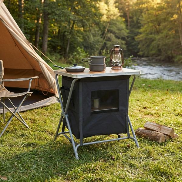 Boîte de cuisine de camping pliable - Armoire de rangement avec surface bambou - Table d‘appoint 60x45x64cm - Gris foncé-brun