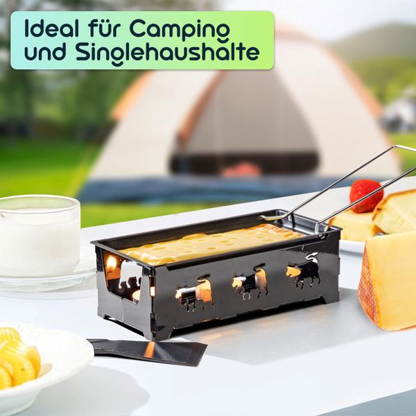 3er-Set Teelicht-Raclette für 1-2 Personen, Set ohne Strom, Teelichter & Schaber, Metall mit originell ausgestanzten Kühen, antihaftbeschichtet