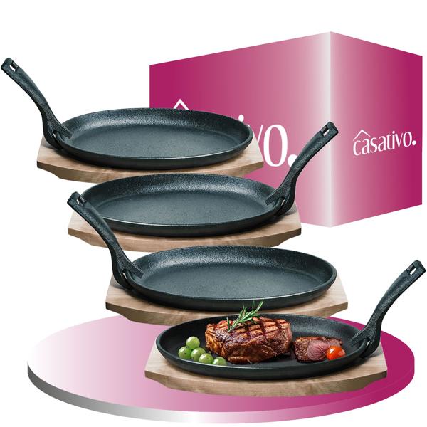 4er-Set Massive Profi Servierpfanne aus Gusseisen mit Holz-Untersetzer, 24 x 14 x 2,2 cm, Abnehmbarer Griff bis 230 °C hitzebeständig 