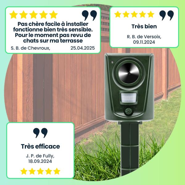 2 Répulsifs Ultrasons Universels Animaux - Détecteur de Mouvement PIR 110° jusqu‘à 8m - Couvre 60 m² - Anti-Chiens, Chats, Oiseaux, Fouines