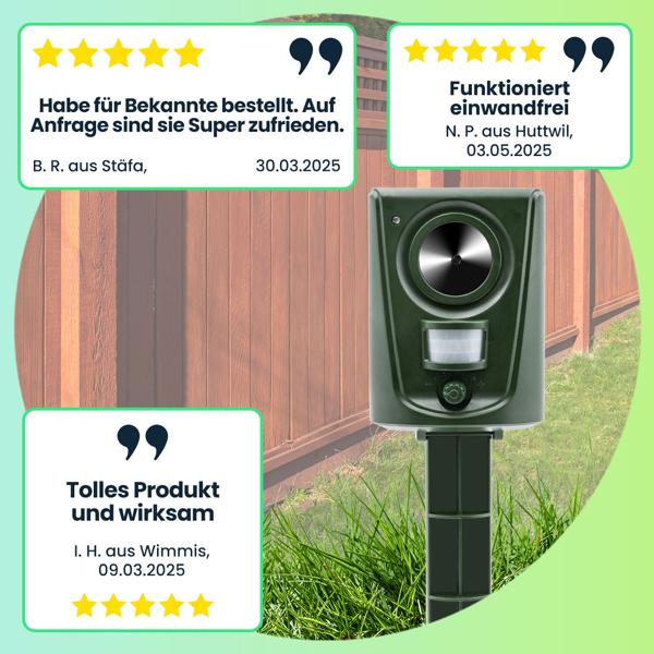 2er-Set Universal Tierabwehrgerät, hocheffektiver Ultraschall Tiervertreiber, PIR-Bewegungsmelder, bis 60 m²,  vertreibt Hunde, Katzen, Kleintiere, Vögel, Marder