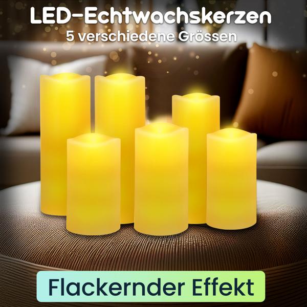 12er-Set LED-Echtwachskerzen mit Fernbedienung – dimmbar, flackernder Effekt, verschiedene Grössen, batteriebetrieben für stimmungsvolle Beleuchtung