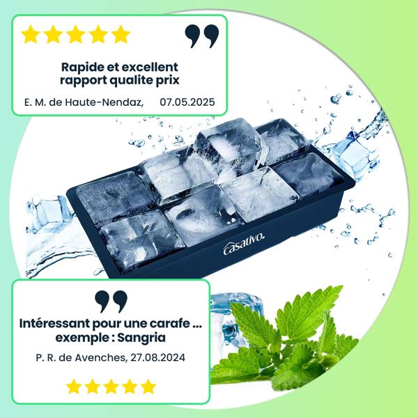 2 moules à glaçons XXL (8 compartiments, 5 x 5 cm) – glaçons géants, capacité de 1 litre – bacs à glaçons sans BPA, longue durée de vie, réutilisables