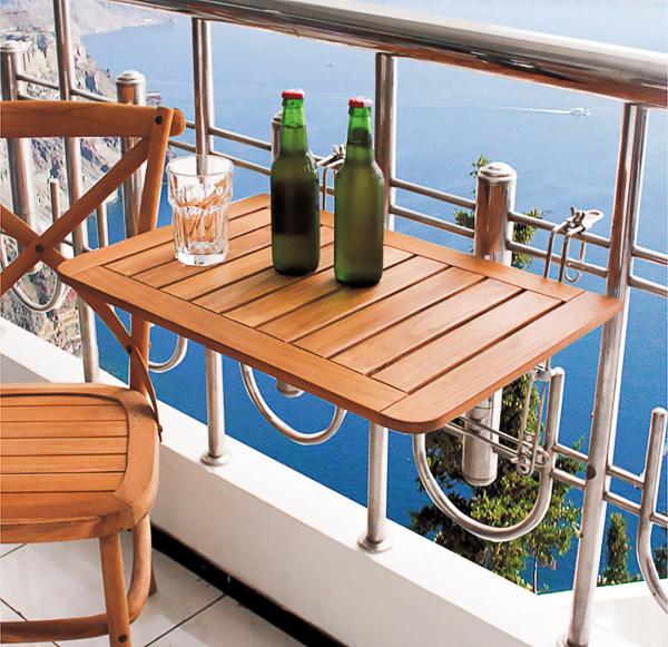 Folding teak balcony table, attaches to railings, 60 x 40 x 1.5 cm