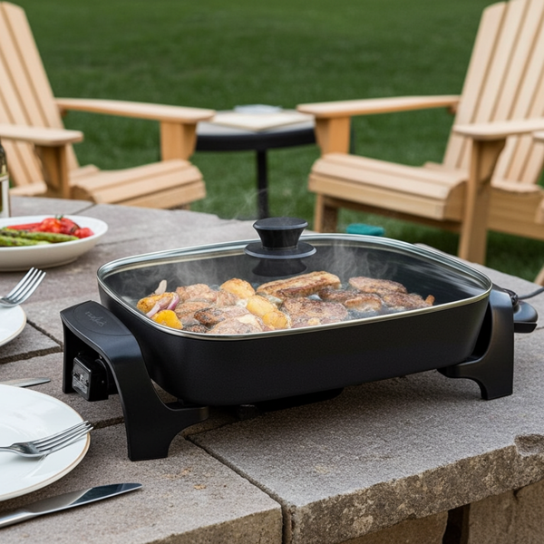 Pentola elettrica XXL, 40 cm, 7 litri, alluminio, nero, potente 2200 watt - Con coperchio in vetro e manici cool-touch, per grandi feste