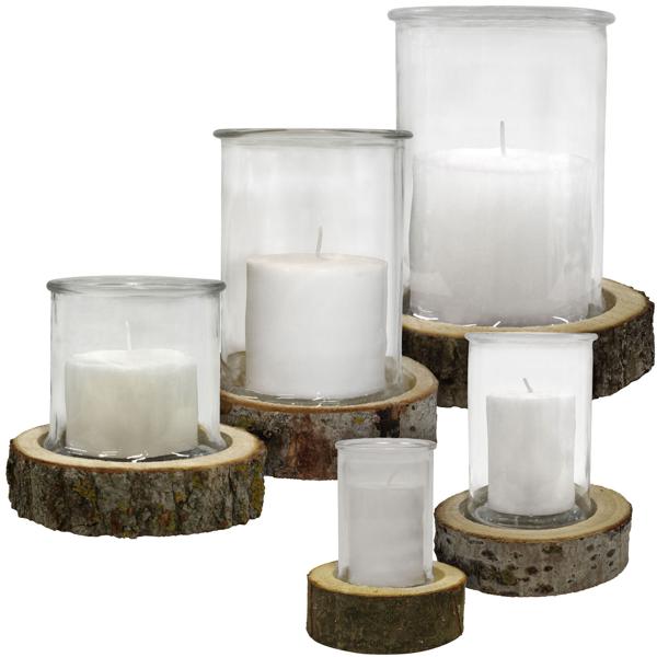 set of 5 decorative lanterns on a real wood base with candle