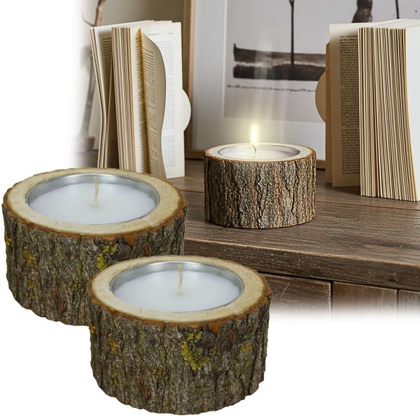 set of 2 unique wooden candle holders (Ø 12x4cm, brown): Natural lantern made from one piece of wood, handmade, rustic decoration