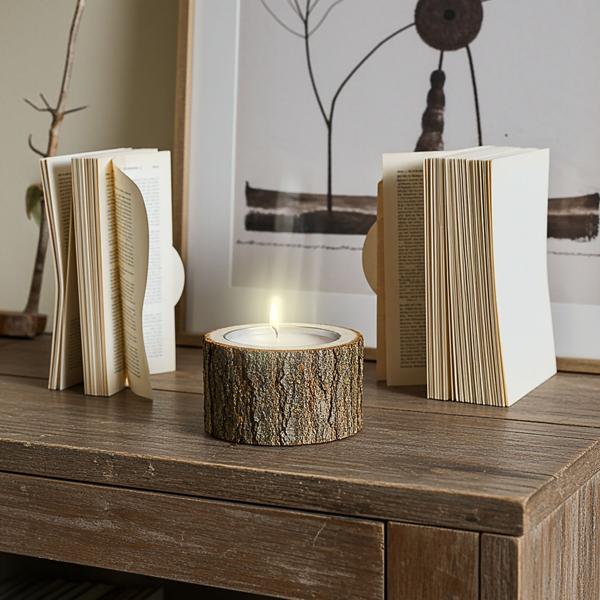 set of 2 unique wooden candle holders (Ø 12x4cm, brown): Natural lantern made from one piece of wood, handmade, rustic decoration