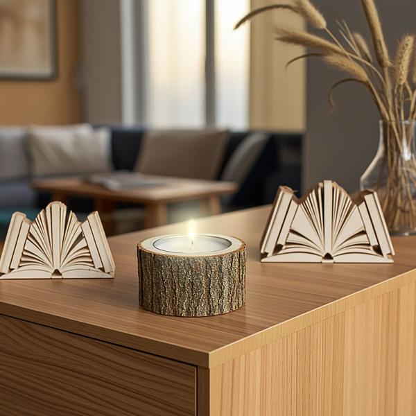 set of 2 unique wooden candle holders (Ø 12x4cm, brown): Natural lantern made from one piece of wood, handmade, rustic decoration