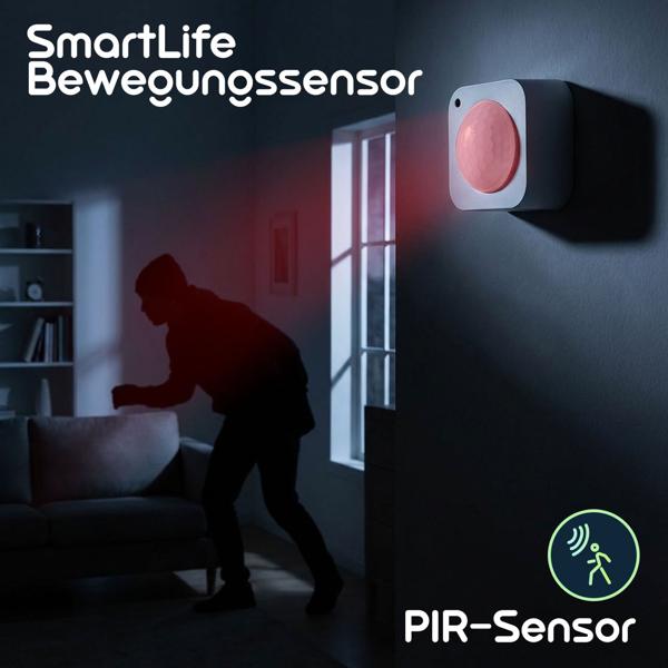 SmartLife Bewegungssensor - PIR-Sensor - Smart Home kompatibel - Helligkeitserkennung - kabellos, batteriebetrieben - 100° Detektionswinkel - 4,6x3,9x4,6 cm