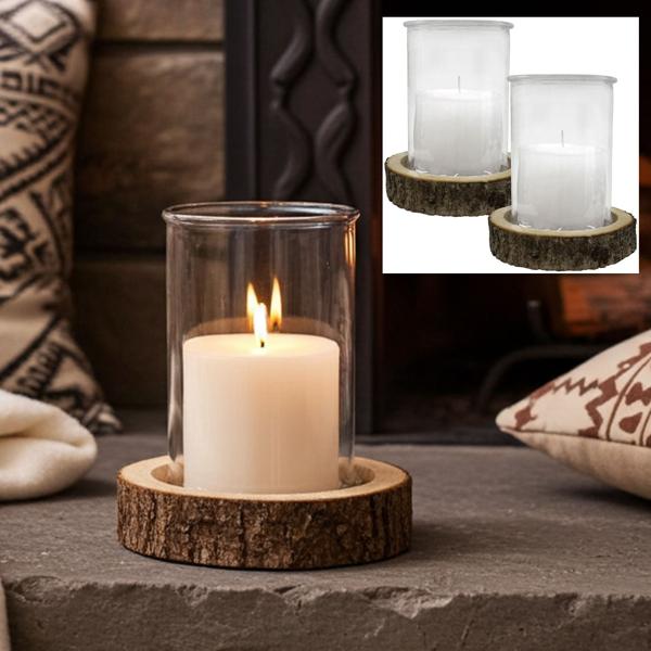 set of 2 candle jars on wooden base, lantern natural, white, brown, Ø 15 x 21 cm, Ø 21 x 4cm