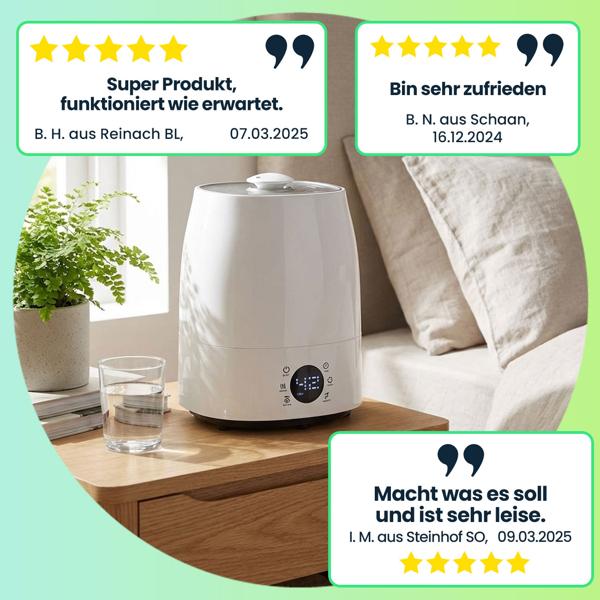 Effektiver Luftbefeuchter (grau/weiss) mit Hygrometer – Für Räume bis 50 m² – 5,5 Liter Tank & Keramikfilter für ein gesundes Raumklima