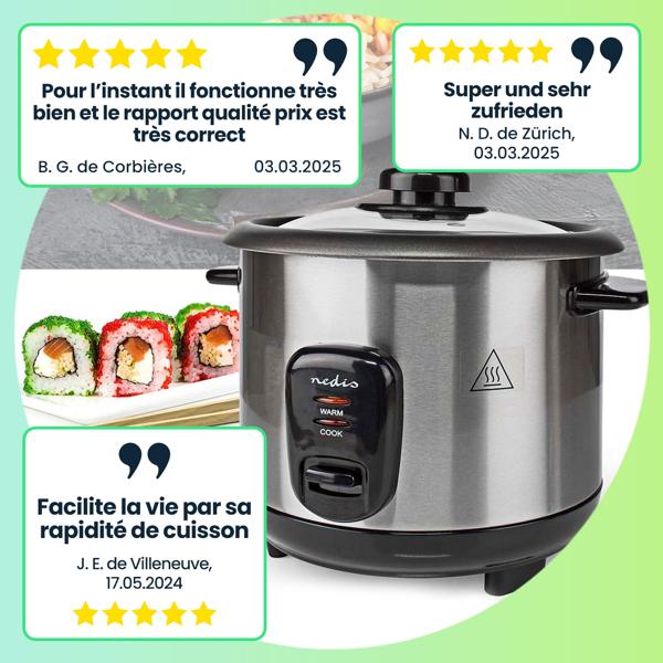 Cuiseur à riz élégant en inox - Maintien au chaud - 1L, 400W, noir/argenté, revêtement antiadhésif - Jusqu’à 5 portions - Idéal familles