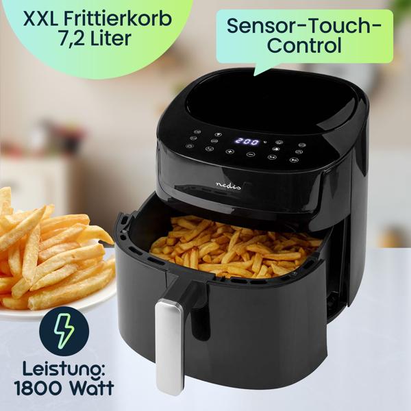 Digitale XL Heissluftfritteuse, 7,2 l für 4-8 Portionen, Touchscreen, Timer, 1800 W, bis 200°C, Air Fryer mit 8 Kochprogrammen, Grillen, Backen, Braten