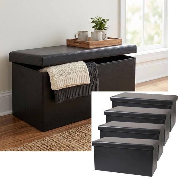 set of 4 Elegant folding seat chest, for 2 people, foldable, imitation leather in black, with additional storage space and comfortable seat