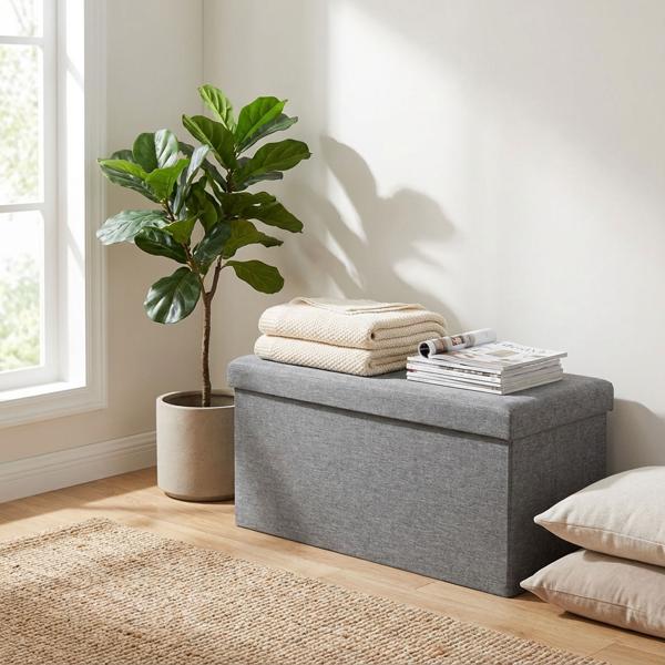 set of 2 Elegant foldable seat chest, for 2 persons, 76 x 37.5 x 37.5 cm, textile cover in gray, with additional storage space and comfortable seat