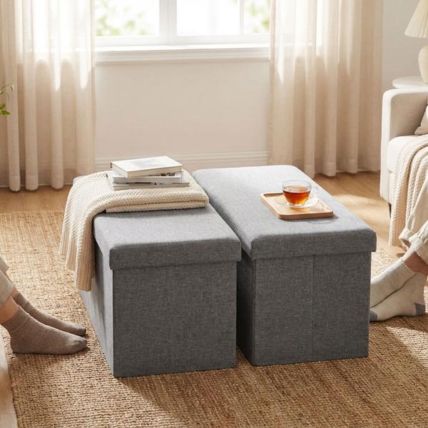 set of 2 Elegant foldable seat chest, for 2 persons, 76 x 37.5 x 37.5 cm, textile cover in gray, with additional storage space and comfortable seat