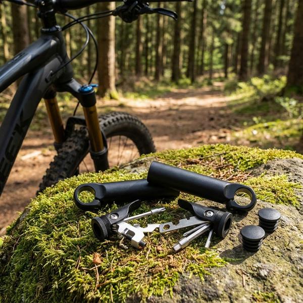 Lenkerzusatzgriffe integriertes Werkzeug-Set - Komfort für Velos, gegen Pannen, mit Inbus, Schraubendreher, Kettennieter, Reifenheber - Aluminium schwarz Ø 29x130mm