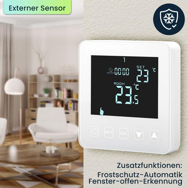Digitales Raum Thermostat für Fussbodenheizungen, Touch-Tasten, LCD-Display, programmierbares Wand Heizungsthermostat mit Temperaturregler