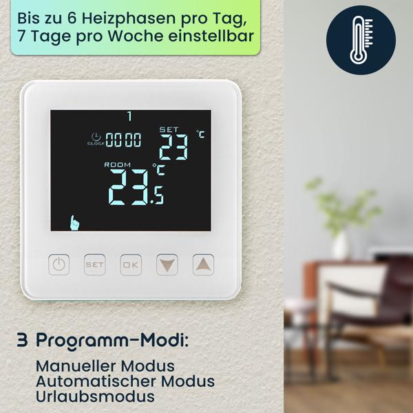 Digitales Raum Thermostat für Fussbodenheizungen, Touch-Tasten, LCD-Display, programmierbares Wand Heizungsthermostat mit Temperaturregler