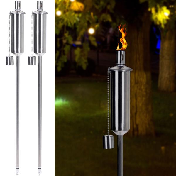Torches de jardin à huile (Lot de 2) - Acier inoxydable, mèche fibre de verre, capuchon sécurité - 115cm - Idéal extérieur, fêtes, mariages