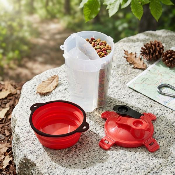Gourde 2 en 1 pour eau et nourriture pour chiens – Gamelle intégrée et mousqueton – Étanche, idéale pour les randonnées – Transparente, rouge/noir