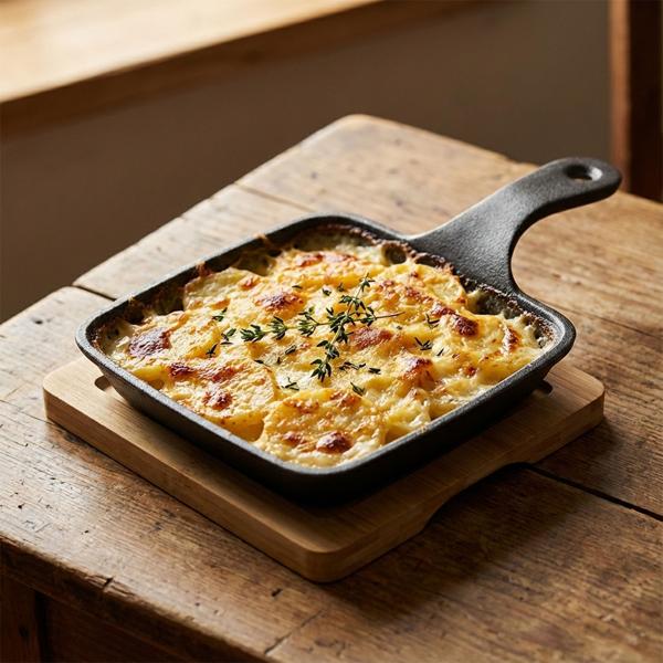 Quadratische Servierpfanne aus Gusseisen, 2 Henkel, Bambusbrett als eleganter Untersetzer, Ø 15cm, flache Pfanne für Gratin, Tapas, Curry und Fleisch